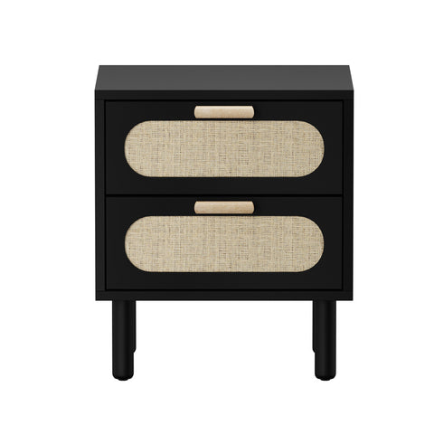 Bedside Table 2 Drawers Rattan Black