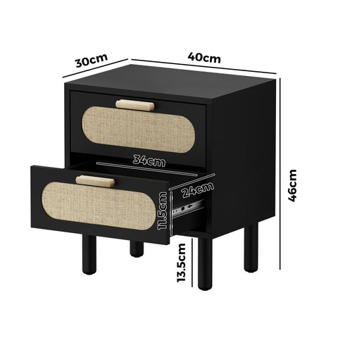 Bedside Table 2 Drawers Rattan Black