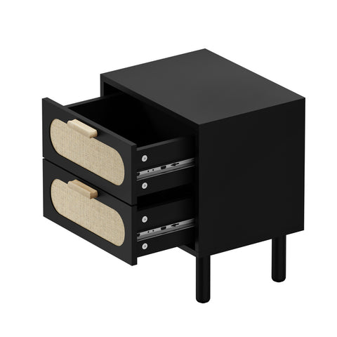 Bedside Table 2 Drawers Rattan Black