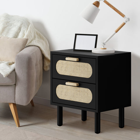 Bedside Table 2 Drawers Rattan Black