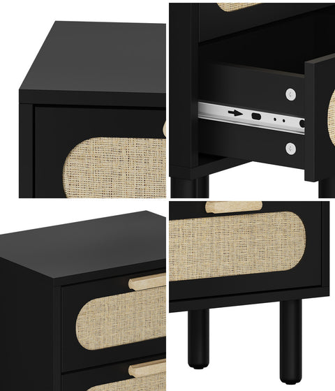 Bedside Table 2 Drawers Rattan Black
