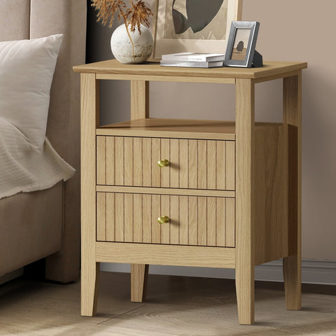 Bedside Table 2 Drawers Open Shelf Nightstand Natural