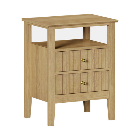 Bedside Table 2 Drawers Open Shelf Nightstand Natural