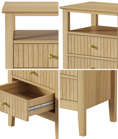 Bedside Table 2 Drawers Open Shelf Nightstand Natural