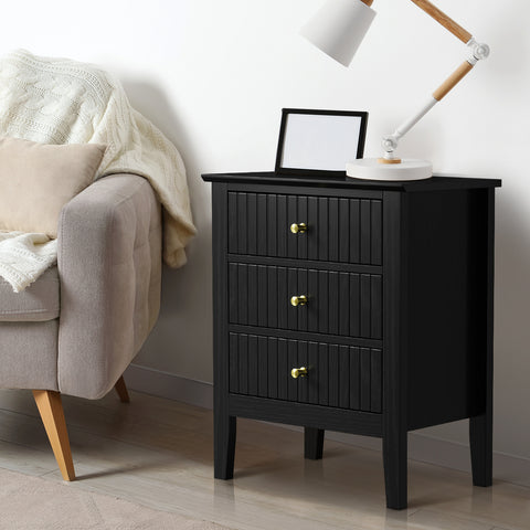 Bedside Table 3 Drawers Side End Nightstand Black