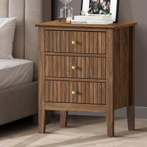 Bedside Table 3 Drawers Side End Nightstand Walnut