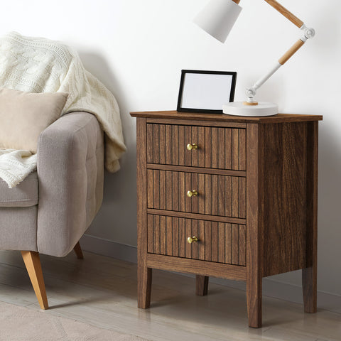 Bedside Table 3 Drawers Side End Nightstand Walnut