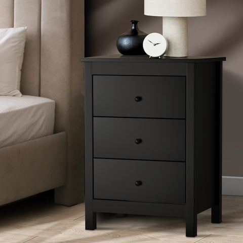 Bedside Table 3 Drawers Hamptons Furniture Black