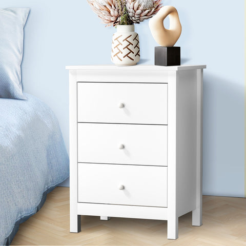 Bedside Table 3 Drawers Hamptons Furniture White