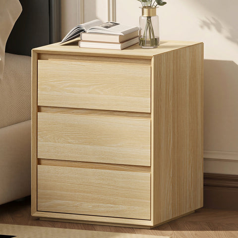Bedside Table 3 Drawers Nightstand Storage No Handle Natural