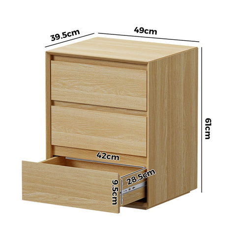 Bedside Table 3 Drawers Nightstand Storage No Handle Natural
