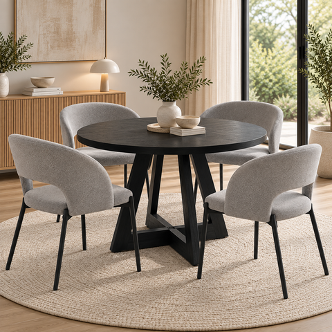 Marlow 5pcs Dining Set with 120cm Black Round Table & 4 Grey Fabric Chairs