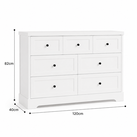 Avalon White Dresser 7 Drawer 120cm Wide