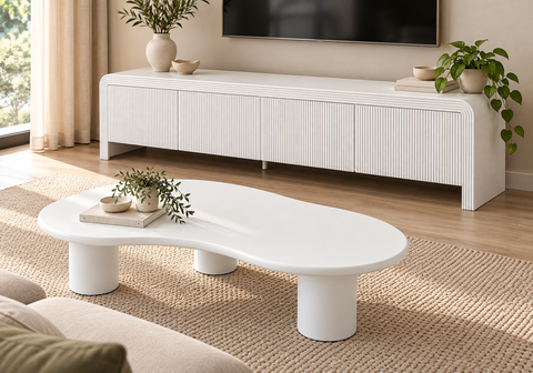 Holly Curved Fluted White Tv Unit 180cm and Coffee Table