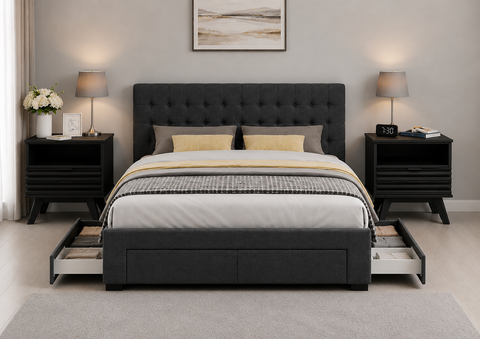Bed Frame Queen Size with 4 Drawers Charcoal