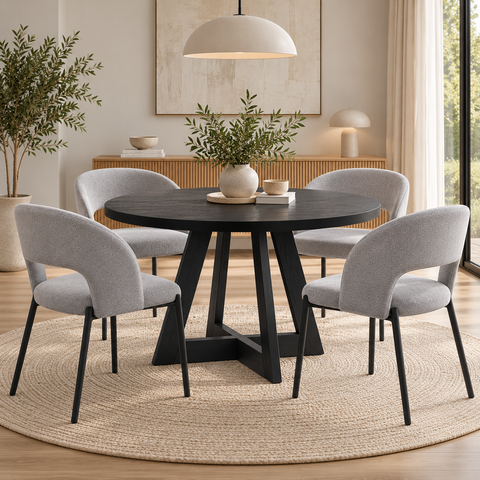 Marlow 5pcs Dining Set with 120cm Black Round Table & 4 Grey Fabric Chairs