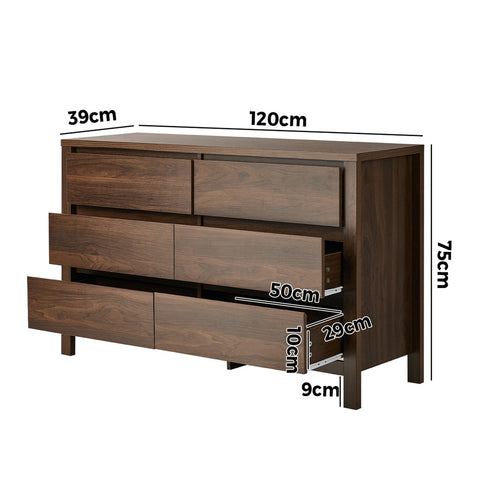 6 Chest Of Drawer Lowboy Dresser Handle-Free Bedroom Walnut
