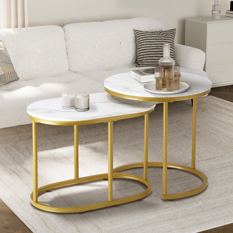 Set of 2 Coffee Table Round Oval Marble-like Nesting Gold