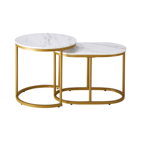 Set of 2 Coffee Table Round Oval Marble-like Nesting Gold