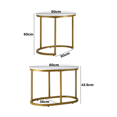 Set of 2 Coffee Table Round Oval Marble-like Nesting Gold