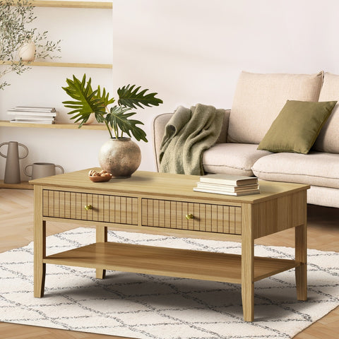 Coffee Table with Storage Drawers Open Shelving Natural