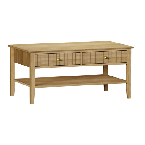 Coffee Table with Storage Drawers Open Shelving Natural