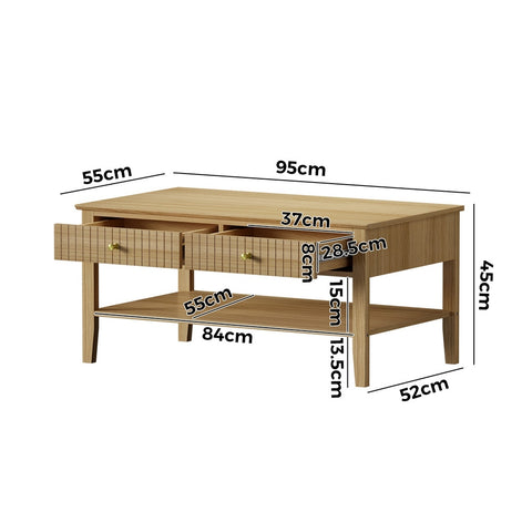 Coffee Table with Storage Drawers Open Shelving Natural