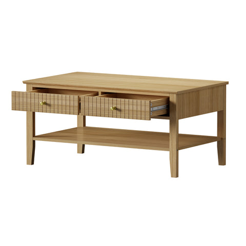 Coffee Table with Storage Drawers Open Shelving Natural