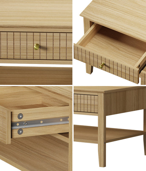 Coffee Table with Storage Drawers Open Shelving Natural