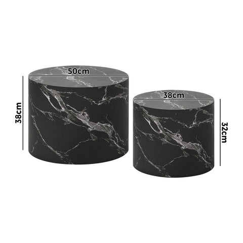 Round Coffee Table Set of 2 Marble Effect Black