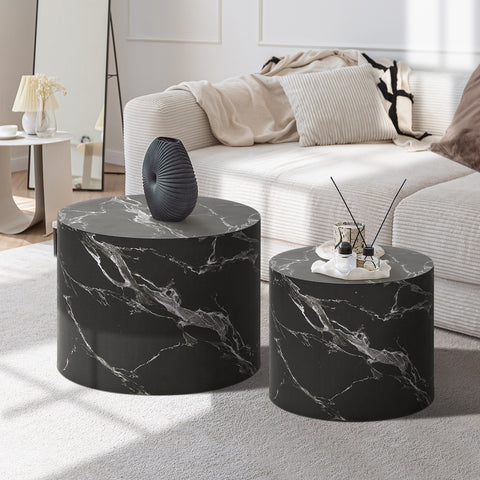 Round Coffee Table Set of 2 Marble Effect Black
