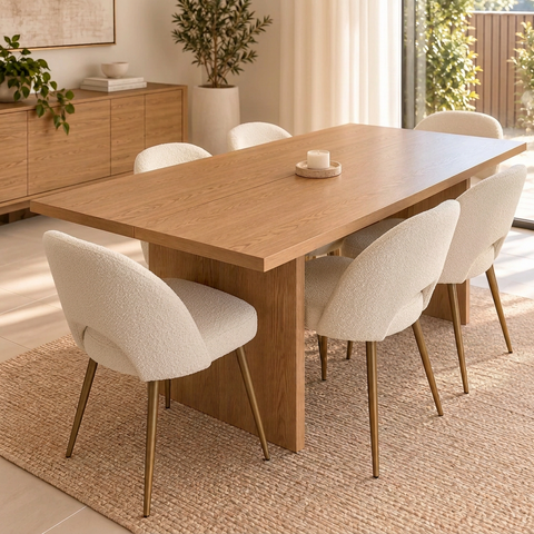 Bella 7Pcs Dining Set with 180cm Oak Rectangular Table & Six White Sherpa Chairs