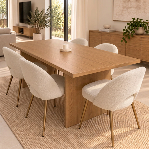 Bella 7Pcs Dining Set with 180cm Oak Rectangular Table & Six White Sherpa Chairs
