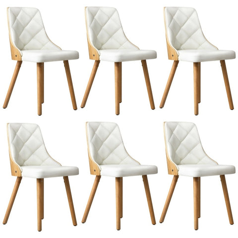 6x Wooden Dining Chairs Faux Leather Padded White