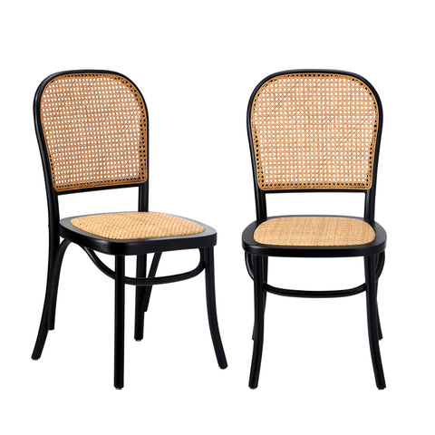 2PCS Dining Chairs Wooden Rattan Black