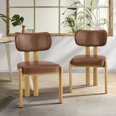 2x Dining Chairs Linen Kitchen Padded Seat Beige & Brown