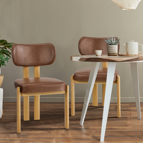 2x Dining Chairs Linen Kitchen Padded Seat Beige & Brown