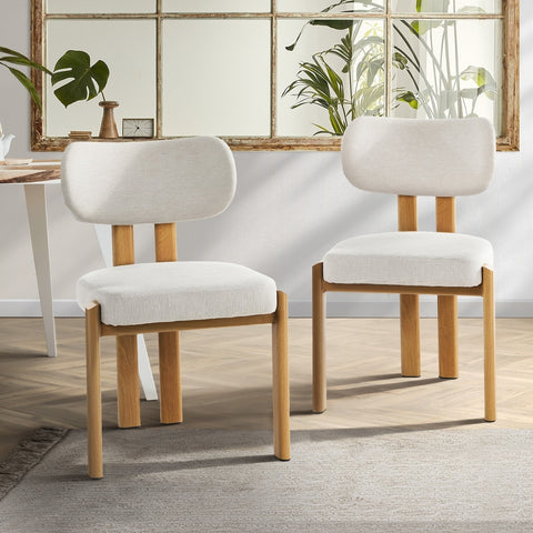 Set of 2 Dining Chairs Linen Fabric Padded Seat Beige