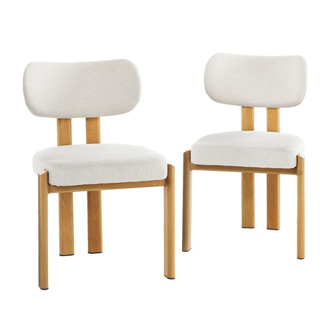 Set of 2 Dining Chairs Linen Fabric Padded Seat Beige