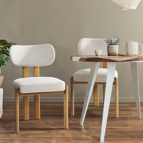 Set of 2 Dining Chairs Linen Fabric Padded Seat Beige