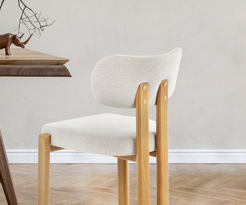 Set of 2 Dining Chairs Linen Fabric Padded Seat Beige