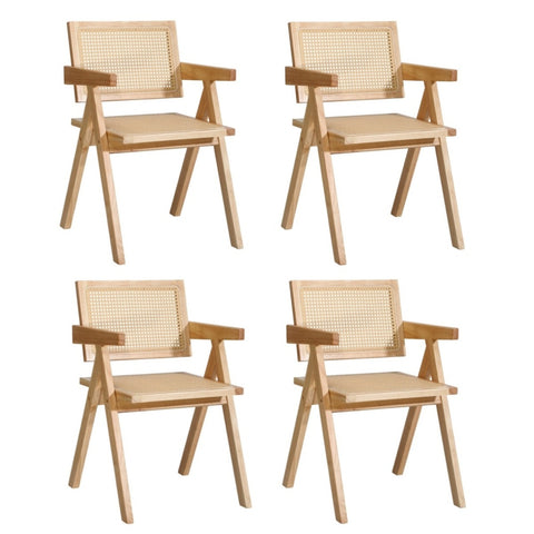 4x Wooden Dining Chairs Rattan Natural