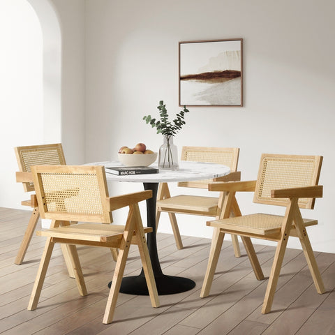 4x Wooden Dining Chairs Rattan Natural