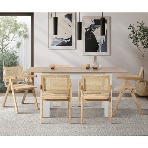 4x Wooden Dining Chairs Rattan Natural