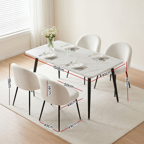 Dining Table and 4 Chairs Set White Marble Style