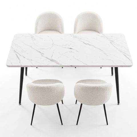 Dining Table and 4 Chairs Set White Marble Style