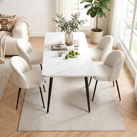 Dining Table and 4 Chairs Set White Marble Style