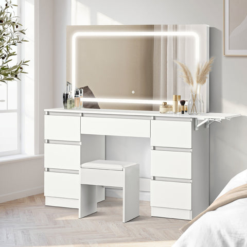 Dressing Table Stool Set with LED Makeup Mirror 7 Drawers