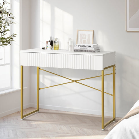 Dressing Table Makeup Desk 2 Drawers White and Gold