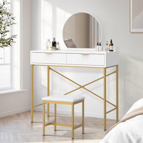 Dressing Table Stool Set with Mirror 2 Drawers White & Gold
